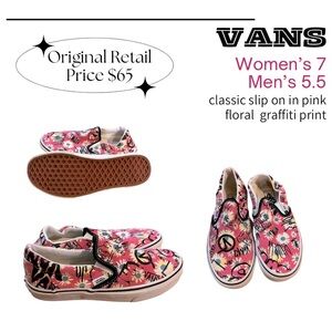 VANS W7/M5.5 classic slip ons in pink floral graffiti print
